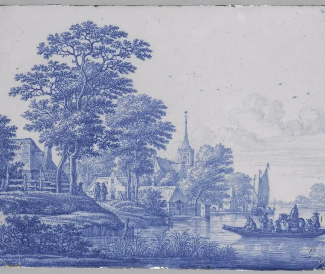Rechthoekige plaque met rivierlandschap